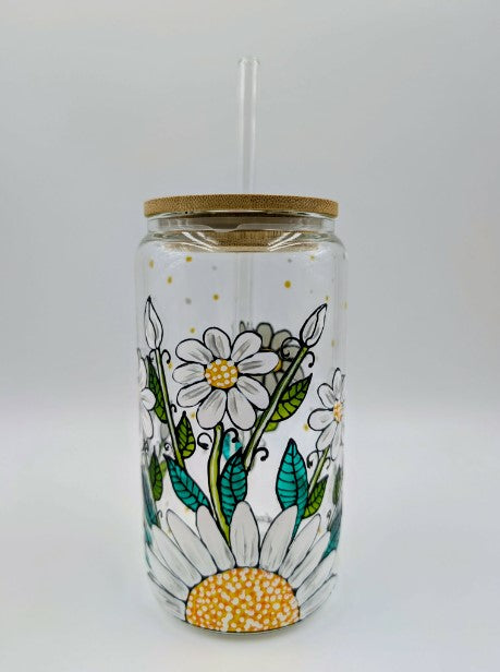 Verre canette Marguerites blanches  * prêt à partir * 16 onces (473 ml)
