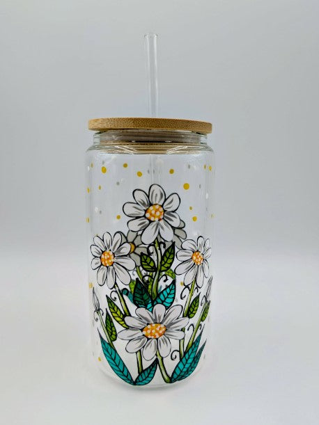 Verre canette Marguerites blanches et picots  * prêt à partir * 16 onces (473 ml)