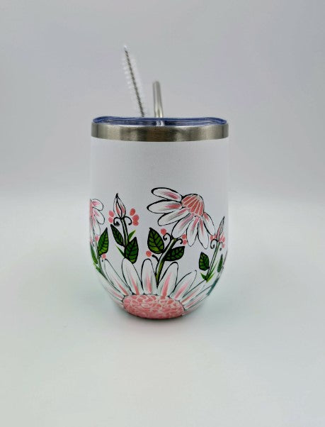 Gobelet isotherme marguerites blanches et roses ** Prêt à partir **  12oz (355ml)