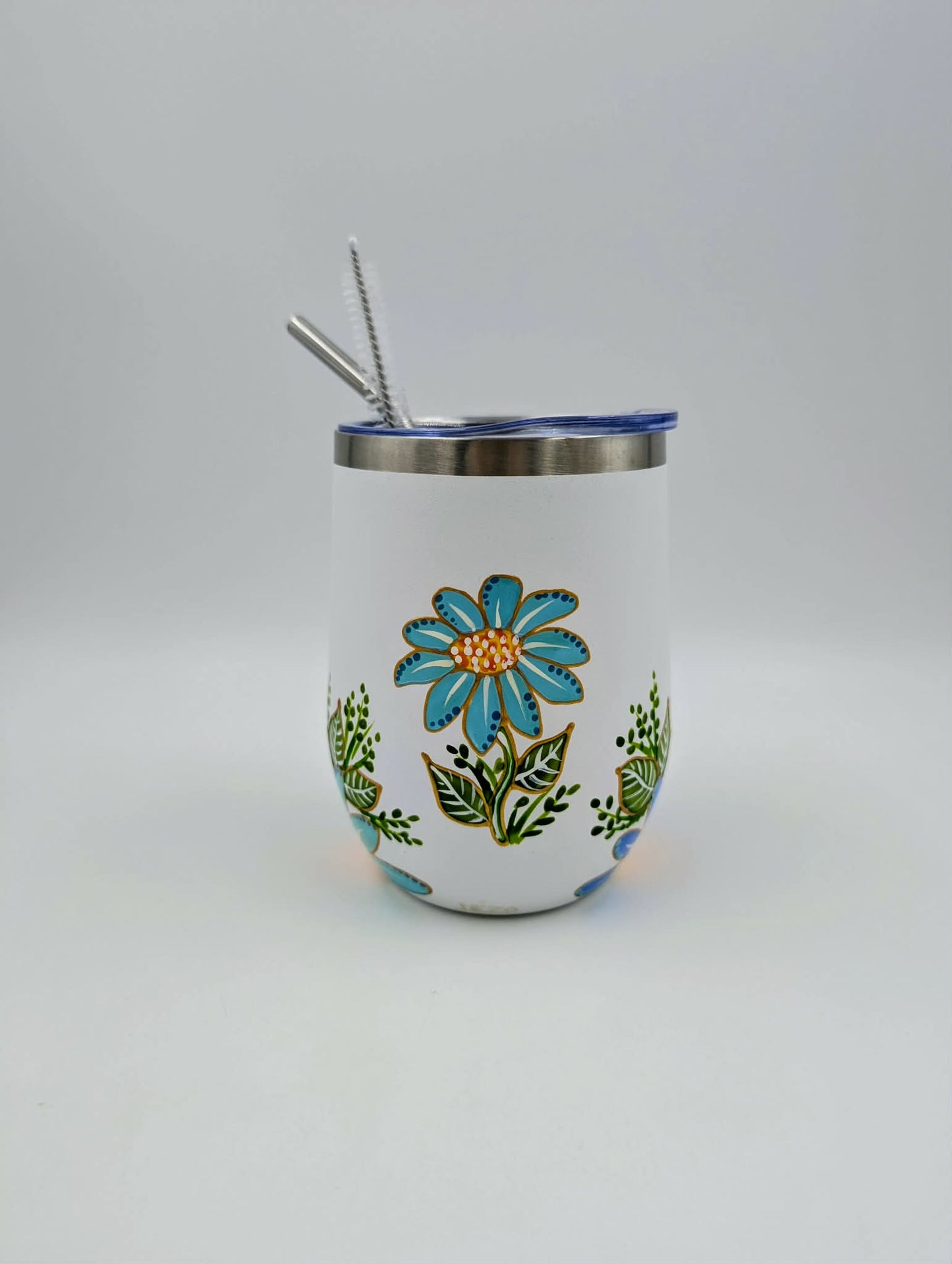 Gobelet isotherme Marguerites bleues et turquoises  ** Prêt à partir **