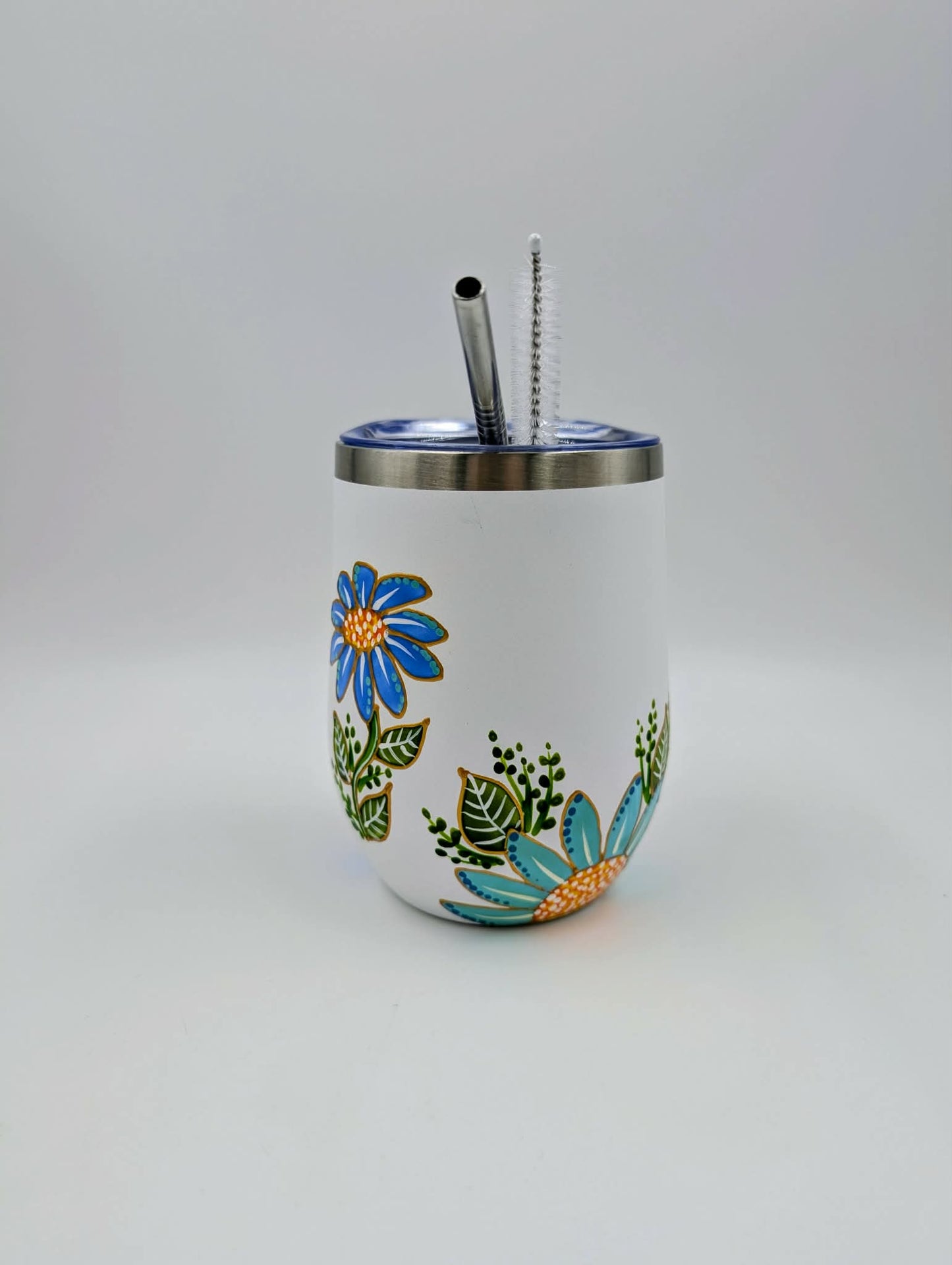 Gobelet isotherme Marguerites bleues et turquoises  ** Prêt à partir **
