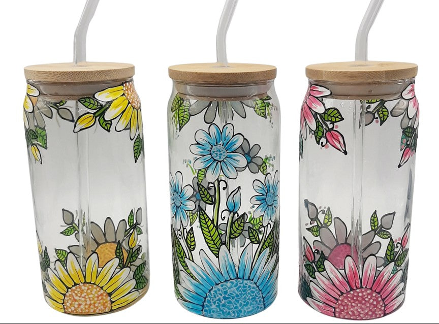 Verre canette marguerites en couleurs, choisissez parmi 3 choix de couleur, verre 16 oz (473ml) avec couvercle et paille