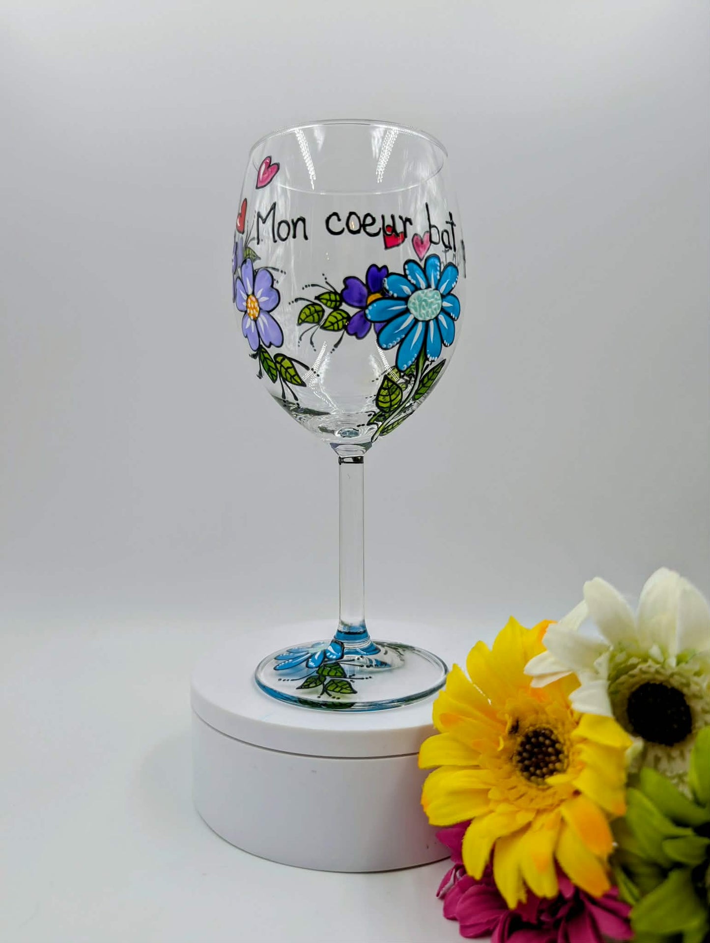 Coupe à vin Mon coeur bat pour toi, fleurs  * cadeau St-Valentin  * cadeau amour