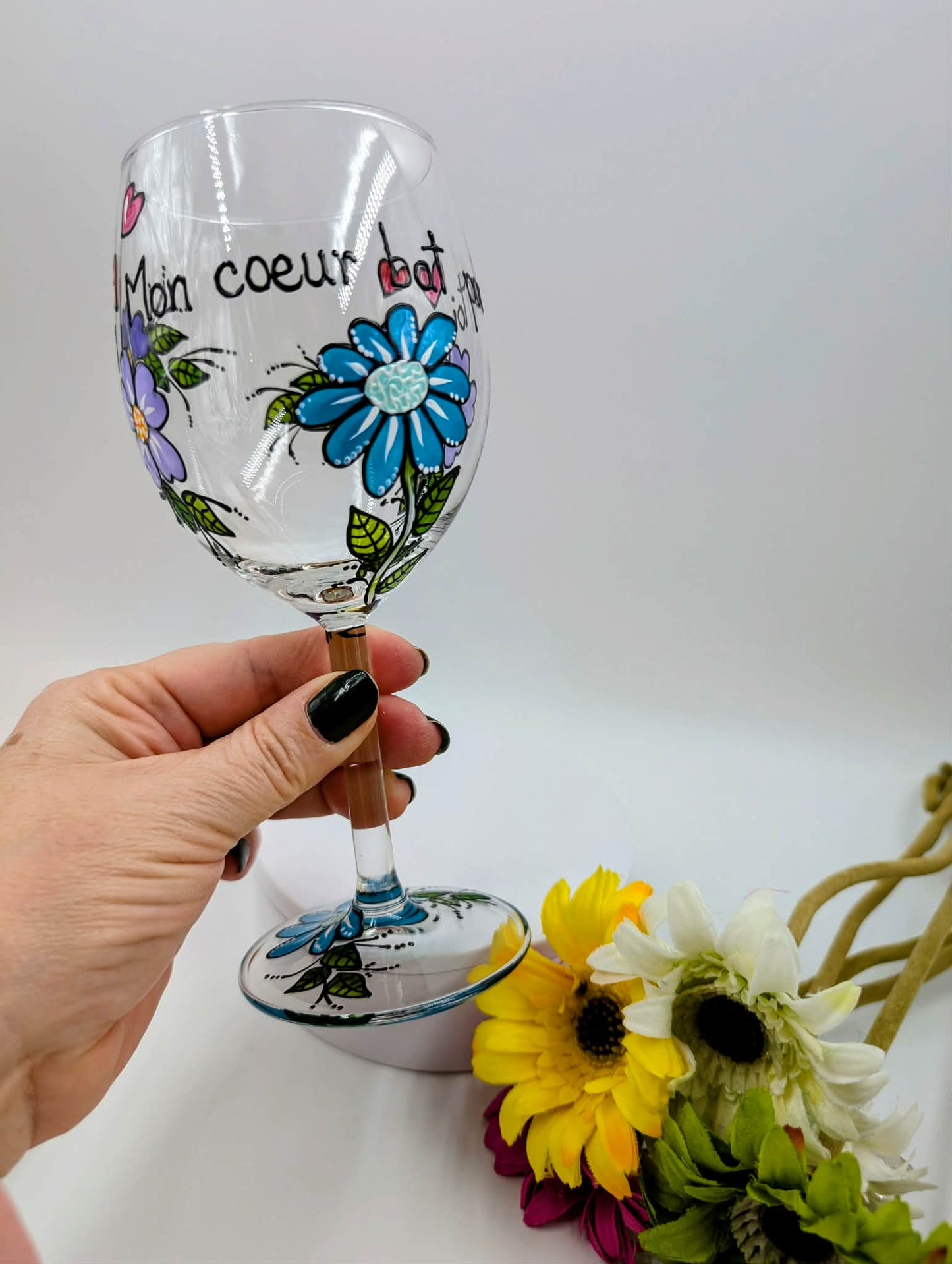 Coupe à vin Mon coeur bat pour toi, fleurs  * cadeau St-Valentin  * cadeau amour