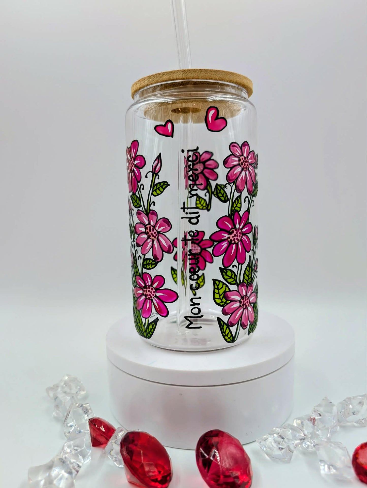 Verre canette Mon coeur te dit merci  - fleurs roses * 16 onces * cadeau St-Valentin