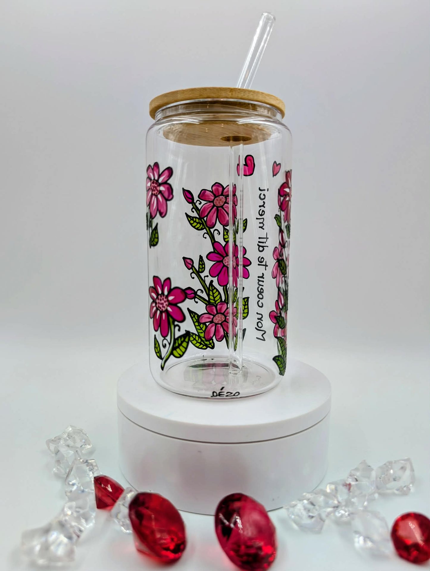 Verre canette Mon coeur te dit merci  - fleurs roses * 16 onces * cadeau St-Valentin