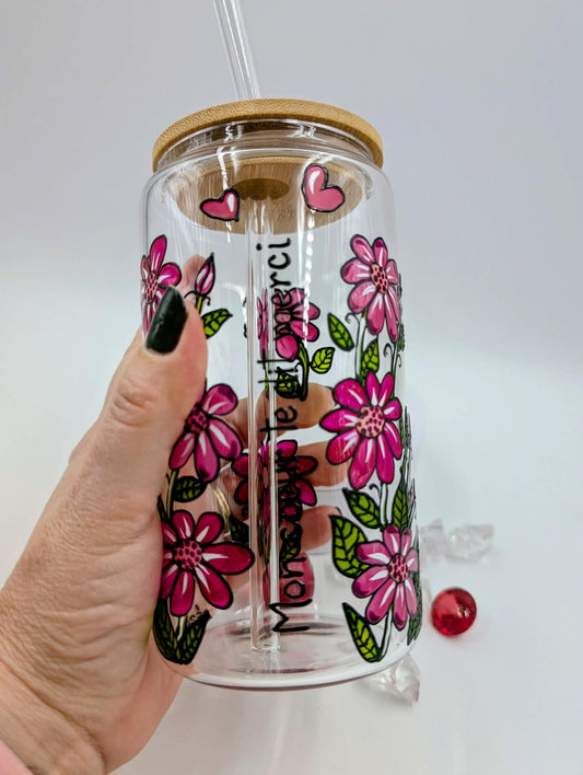 Verre canette Mon coeur te dit merci  - fleurs roses * 16 onces * cadeau St-Valentin