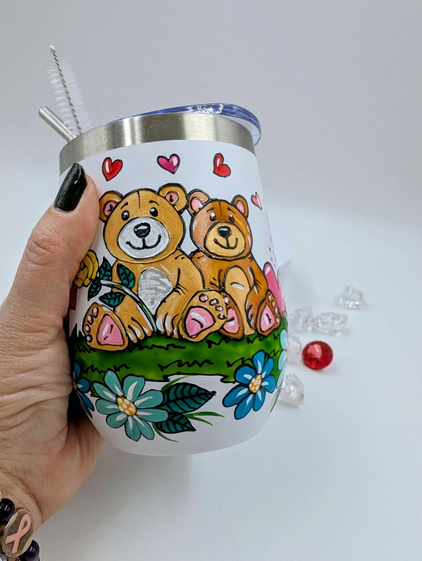 Gobelet isotherme oursons, fleurs et coeurs * 12 onces (355ml)