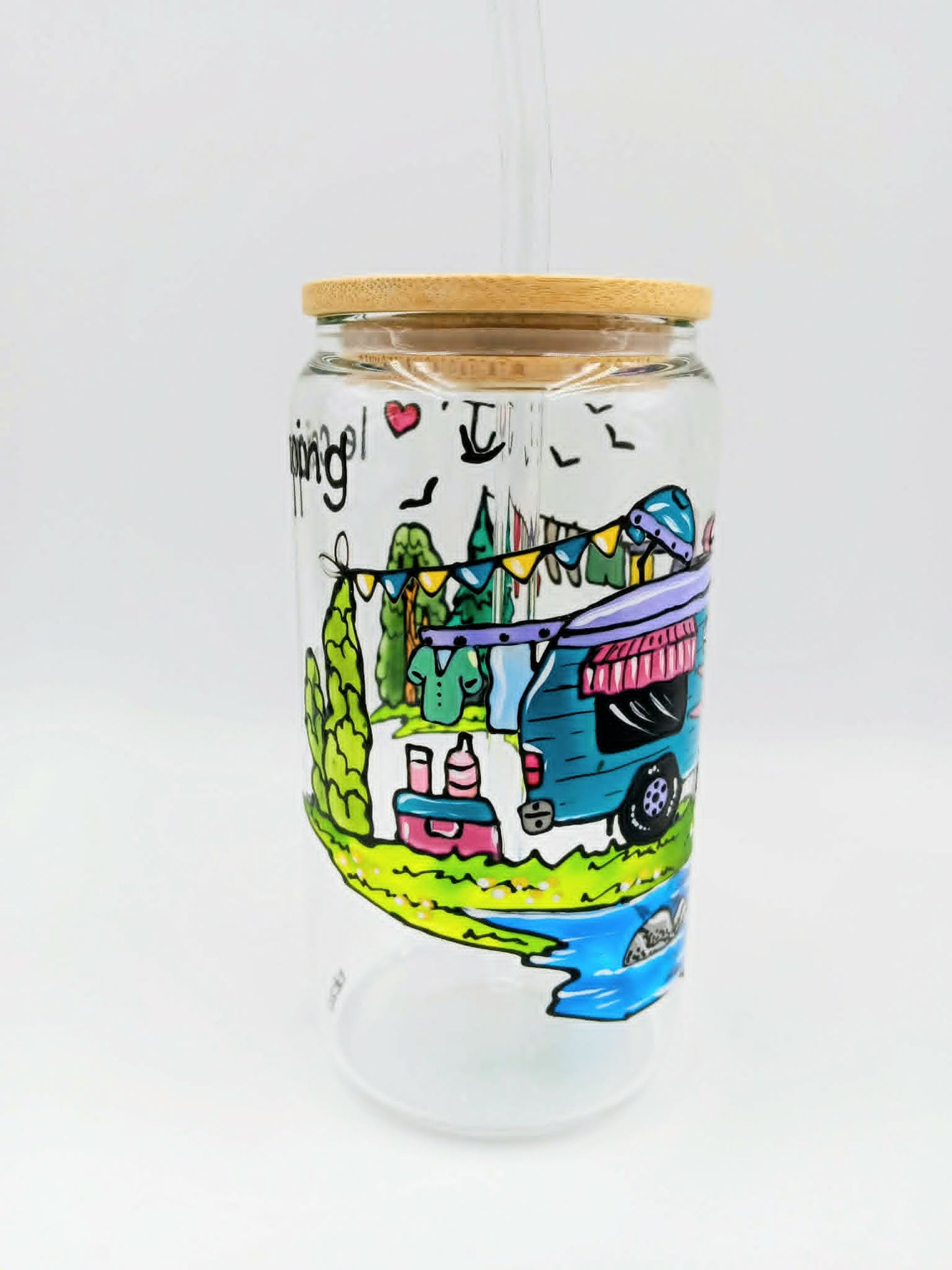 Verre canette camping roulotte pastel, verre 16 onces (473 ml)