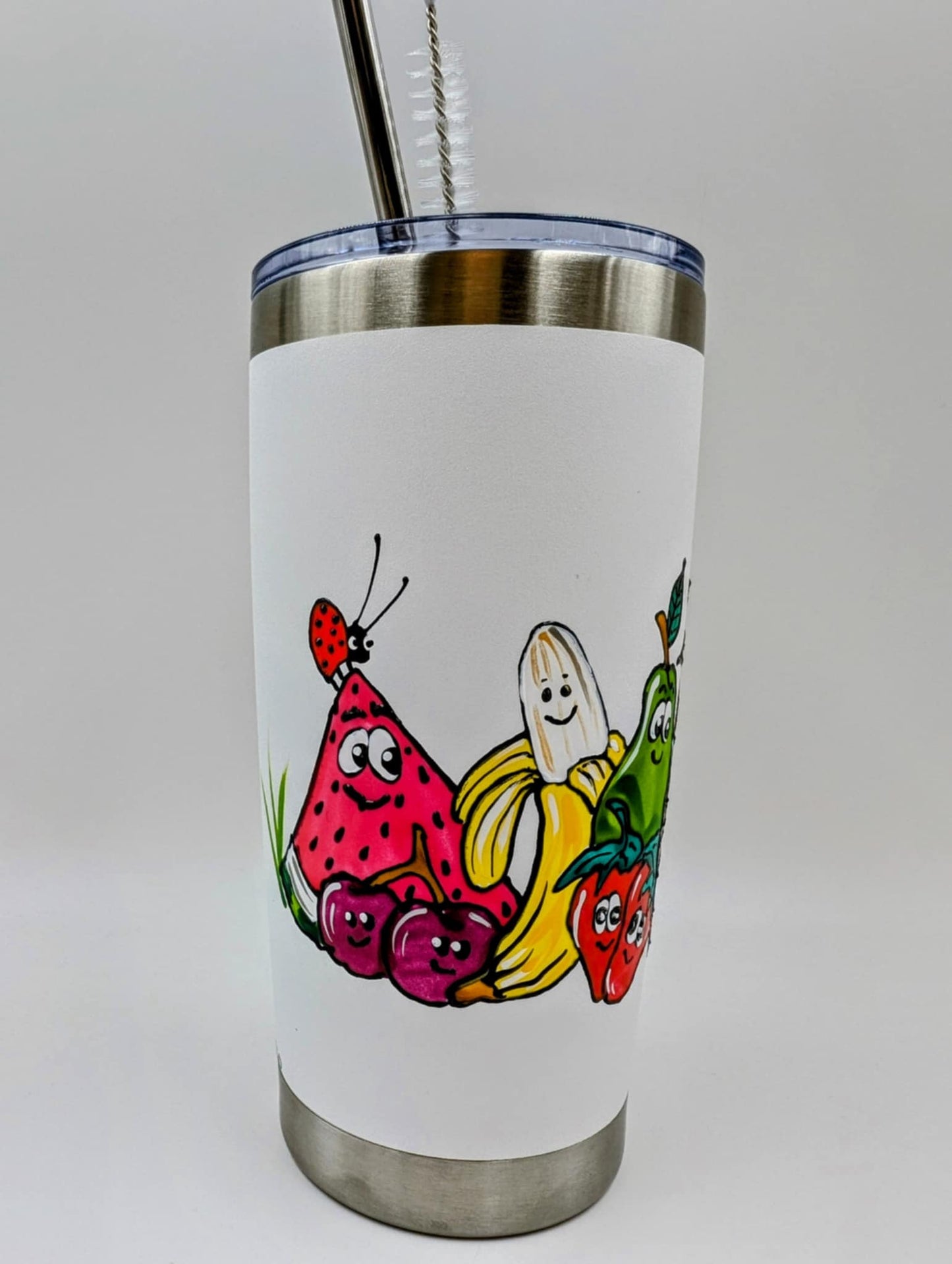 Mug isotherme Salade de fruits colorée & joyeuse– tasse en inox peinte à la main – 20 onces
