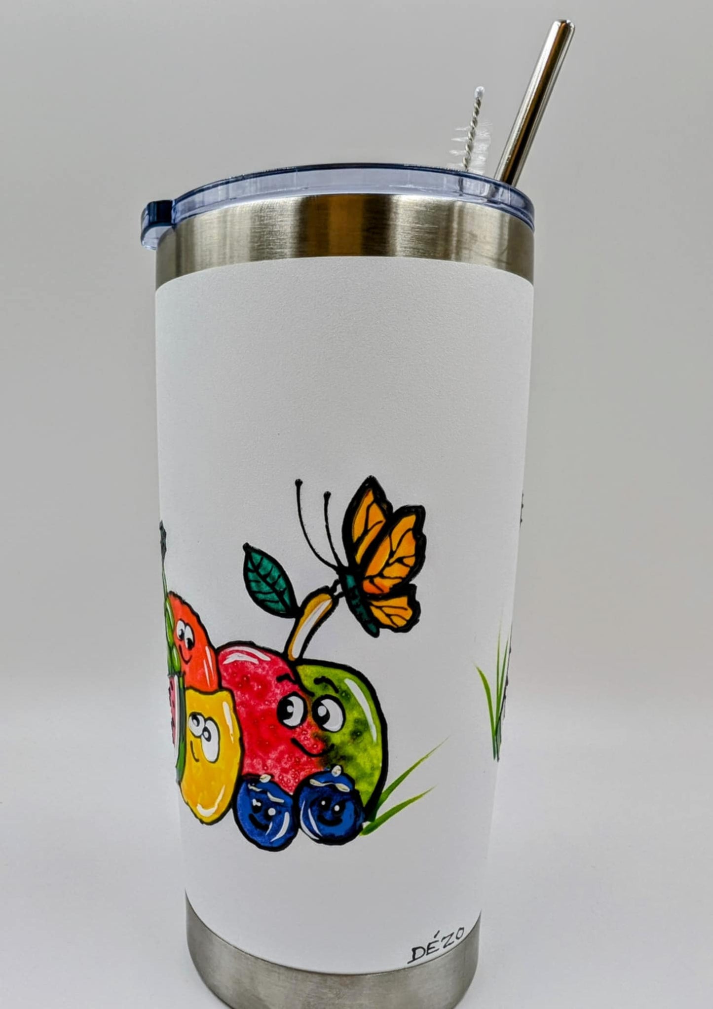 Mug isotherme Salade de fruits colorée & joyeuse– tasse en inox peinte à la main – 20 onces
