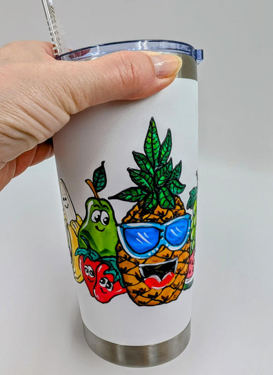 Mug isotherme Salade de fruits colorée & joyeuse– tasse en inox peinte à la main – 20 onces