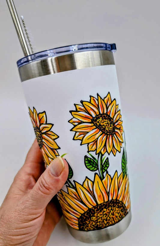 Mug isotherme tournesols – tasse en inox peinte à la main – 20 onces