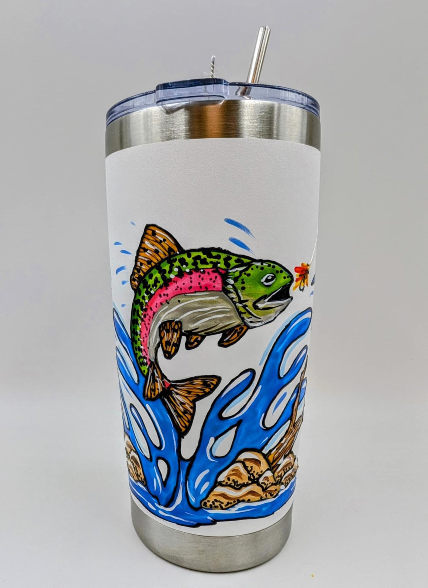 Mug isotherme truite – tasse de pêcheur en inox – 20 onces