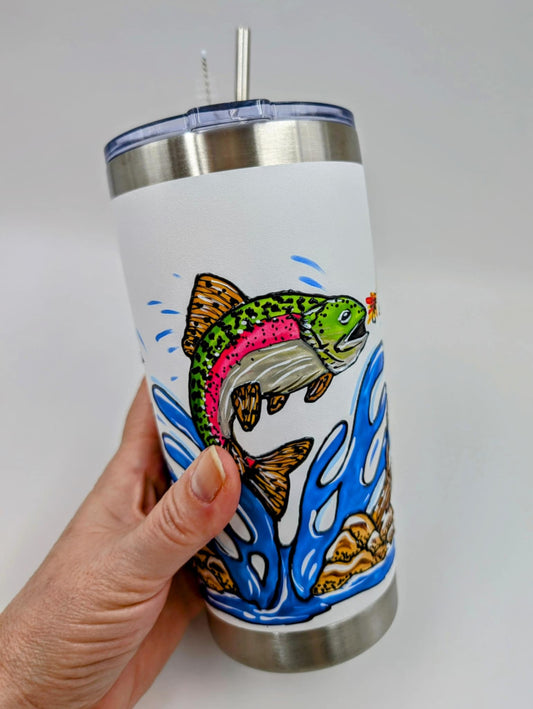 Mug isotherme truite – tasse de pêcheur en inox – 20 onces