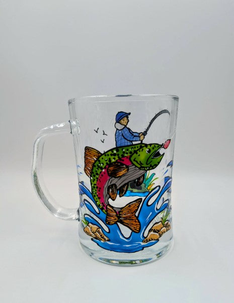 Bock à bière Truite et pêcheur, **  prêt à partir **  20 onces