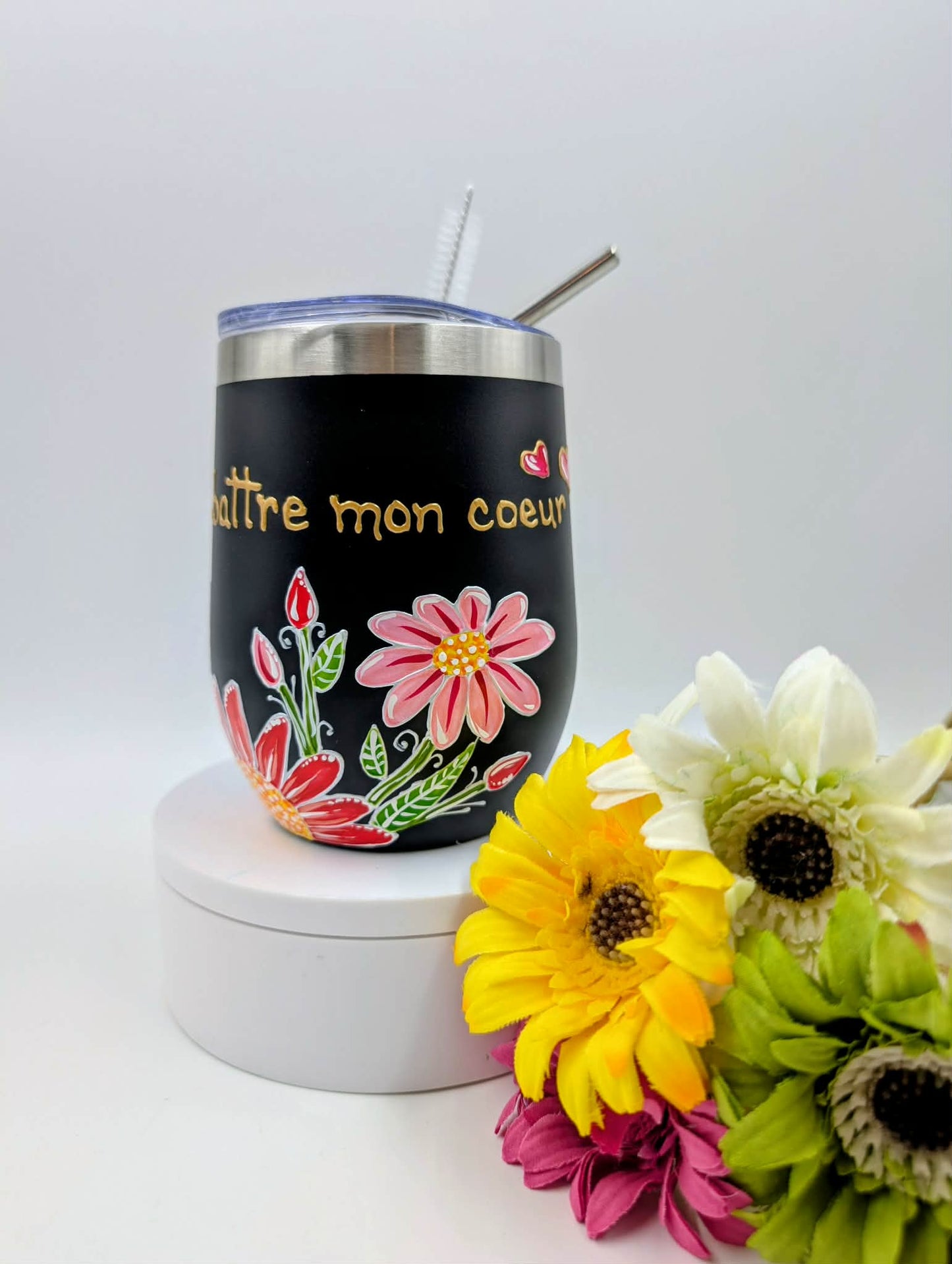 Gobelet isotherme fleurs roses, feuillages et coeurs * 12 onces / 355 ml