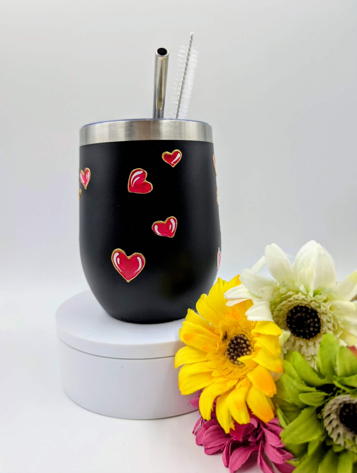 Gobelet isotherme fleurs roses, feuillages et coeurs * 12 onces / 355 ml