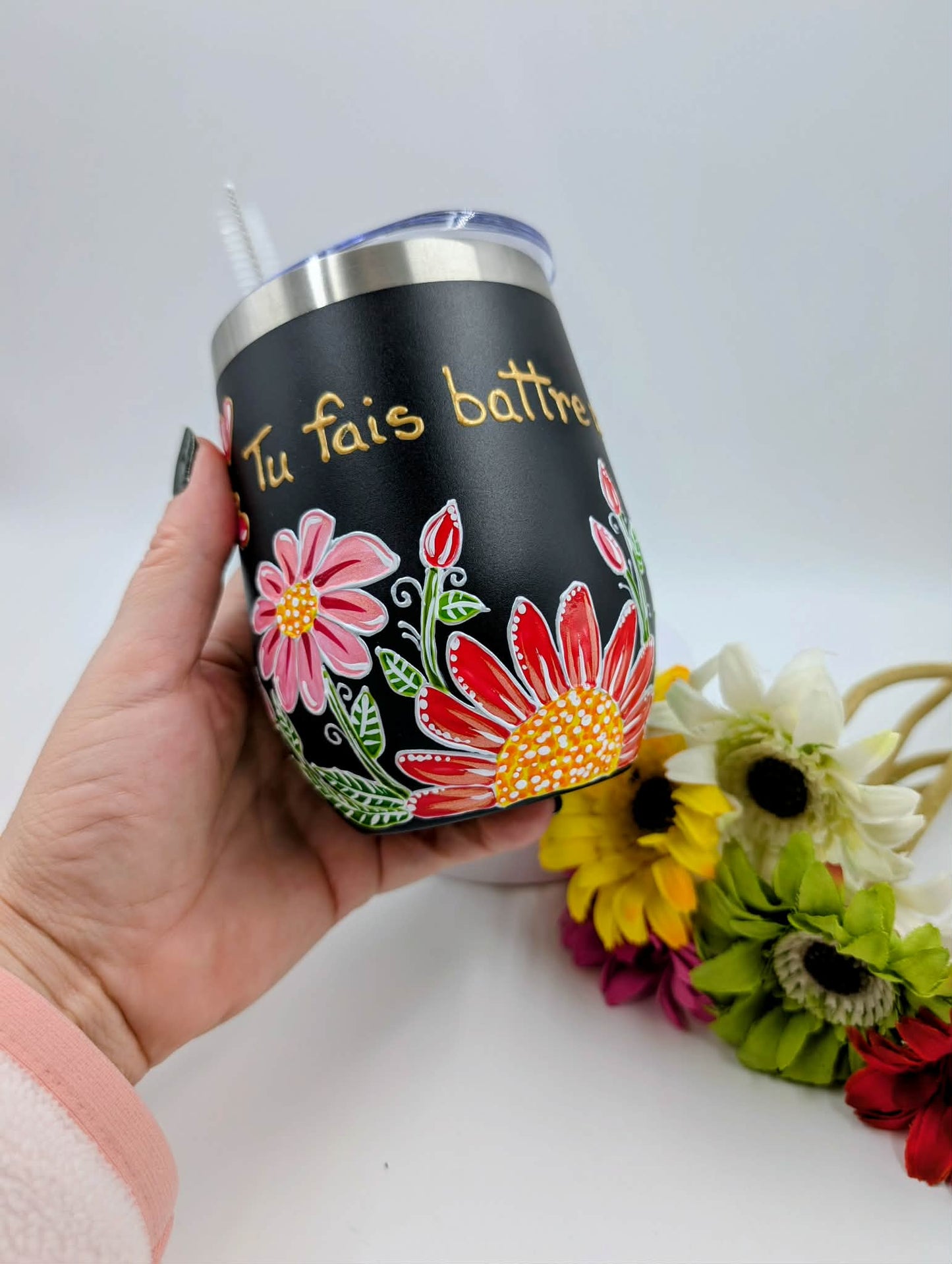 Gobelet isotherme fleurs roses, feuillages et coeurs * 12 onces / 355 ml