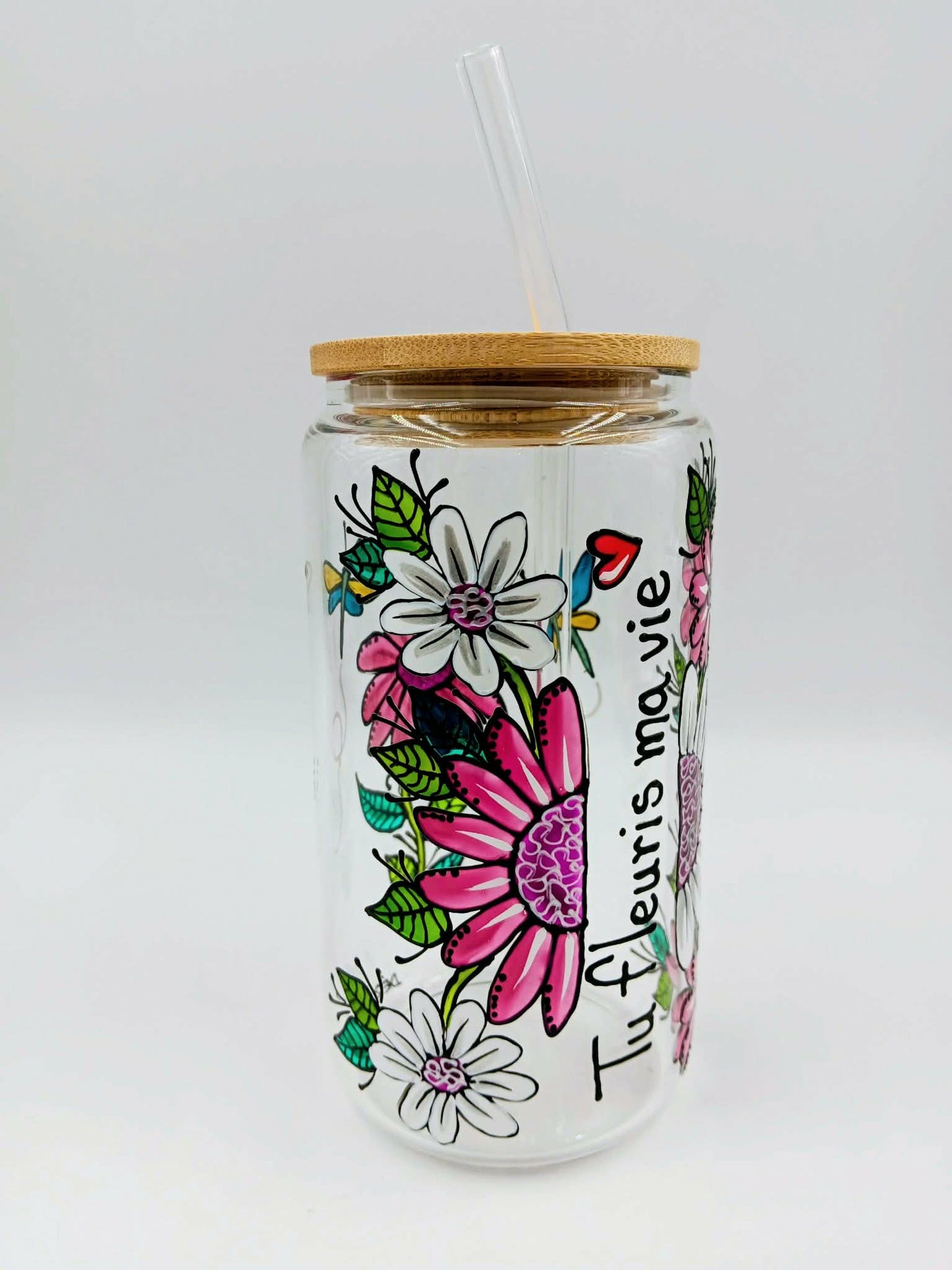 Verre canette Tu fleuris ma vie, verre 16 onces