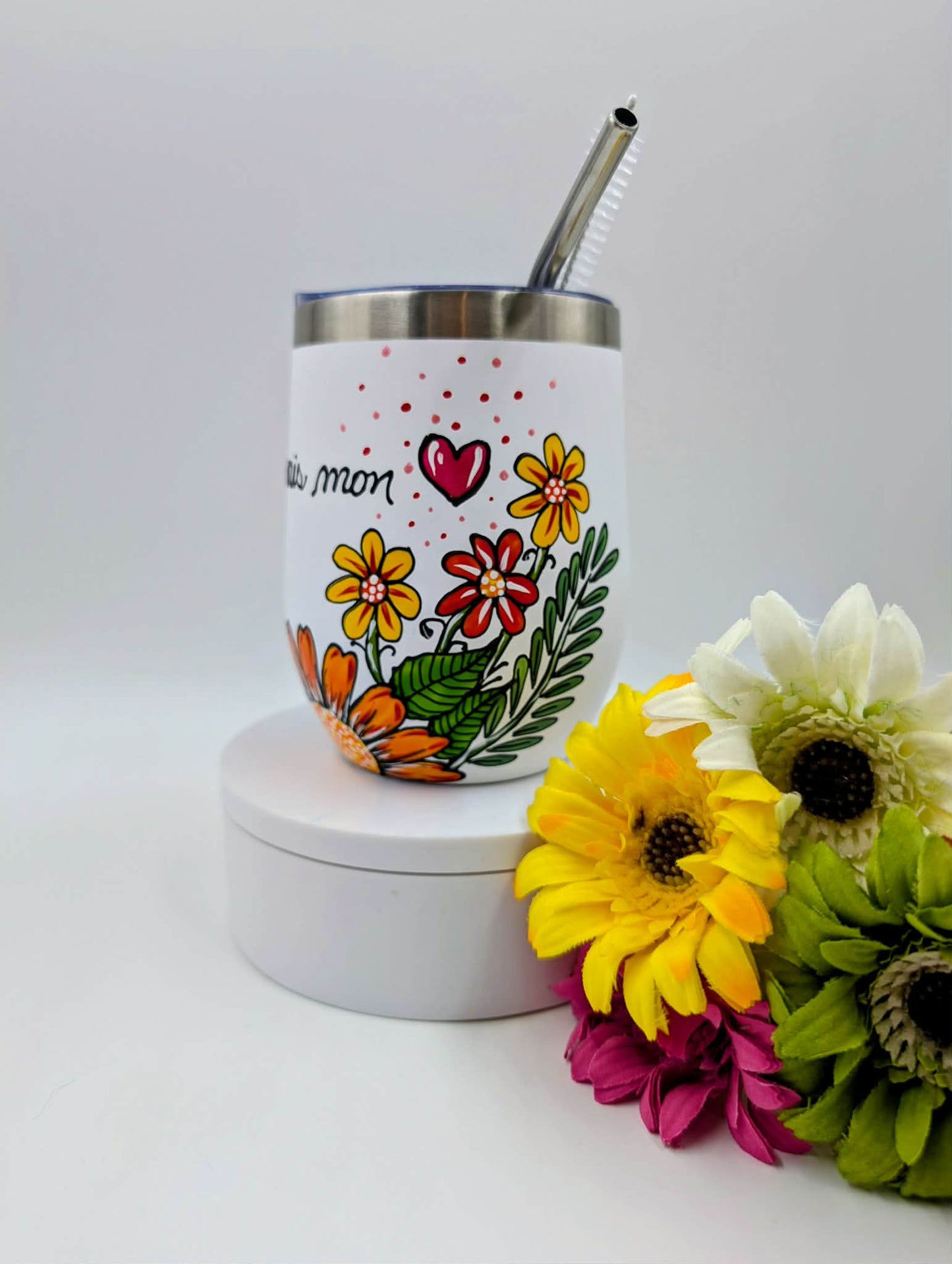 Gobelet isotherme Tu fleuris mon coeur, fleurs colorées jaunes et oranges * 12 onces / 355 ml