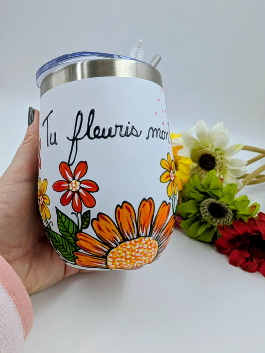 Gobelet isotherme Tu fleuris mon coeur, fleurs colorées jaunes et oranges * 12 onces / 355 ml