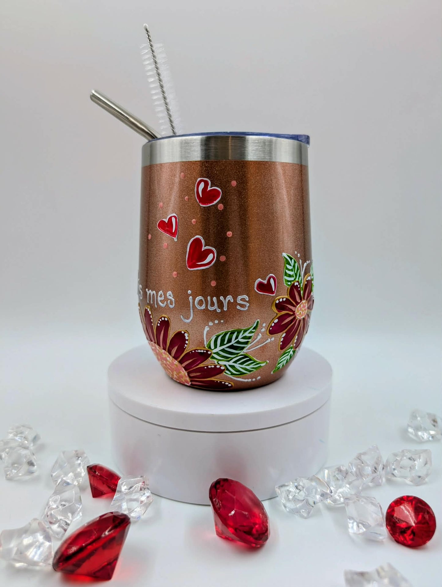 Gobelet isotherme Tu embellis mes jours, fleurs et coeurs * 12 onces (355ml)