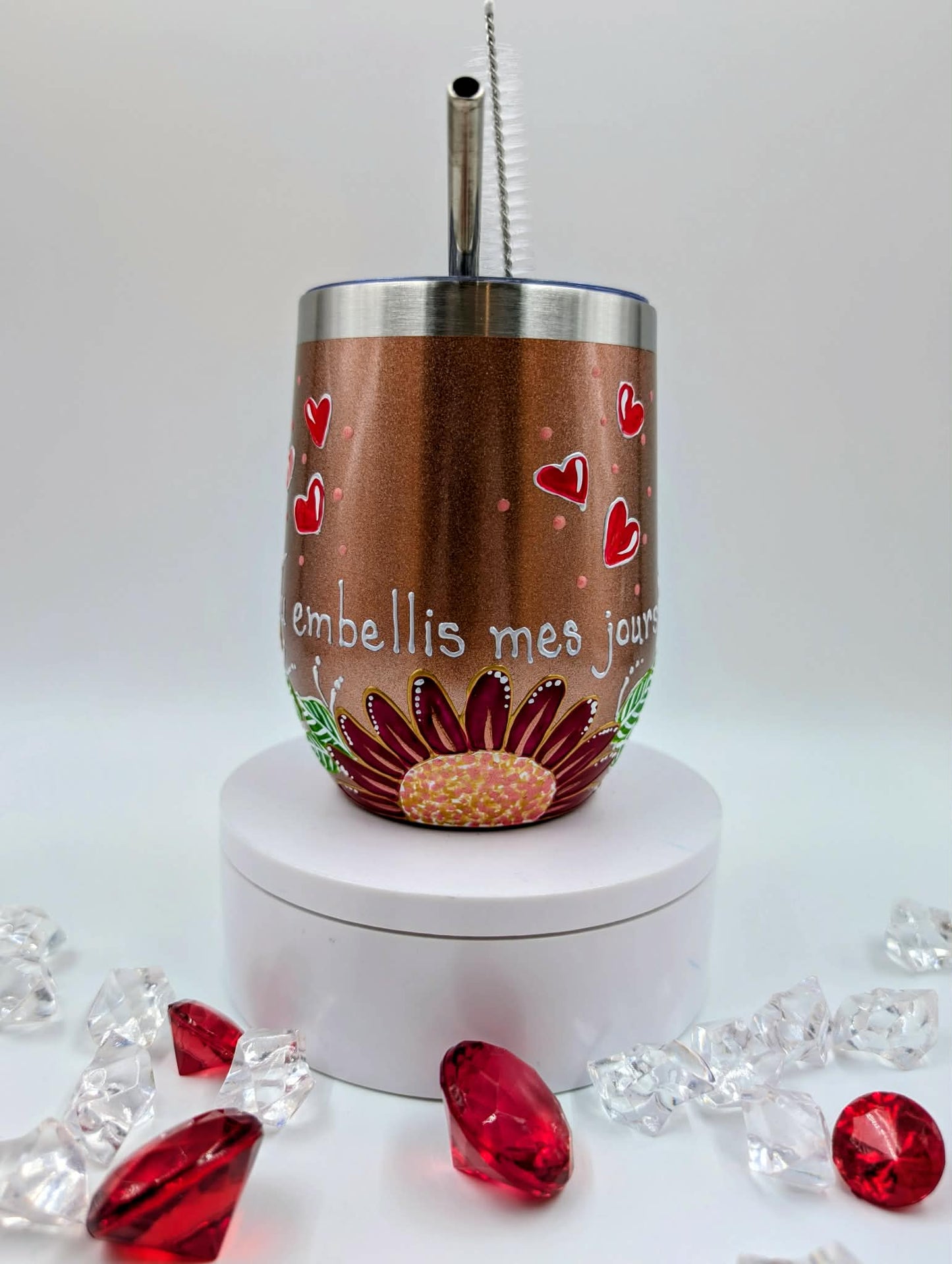 Gobelet isotherme Tu embellis mes jours, fleurs et coeurs * 12 onces (355ml)