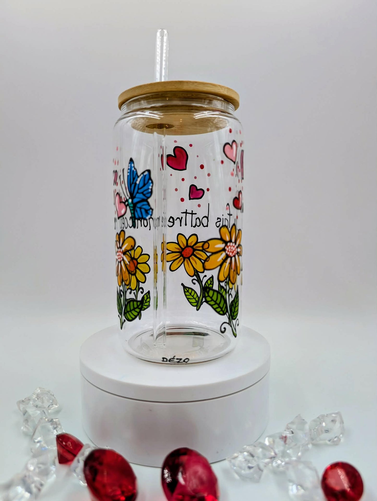 Verre canette Tu fais battre mon coeur  - fleurs, coeurs, papillon * 16 onces * cadeau St-Valentin