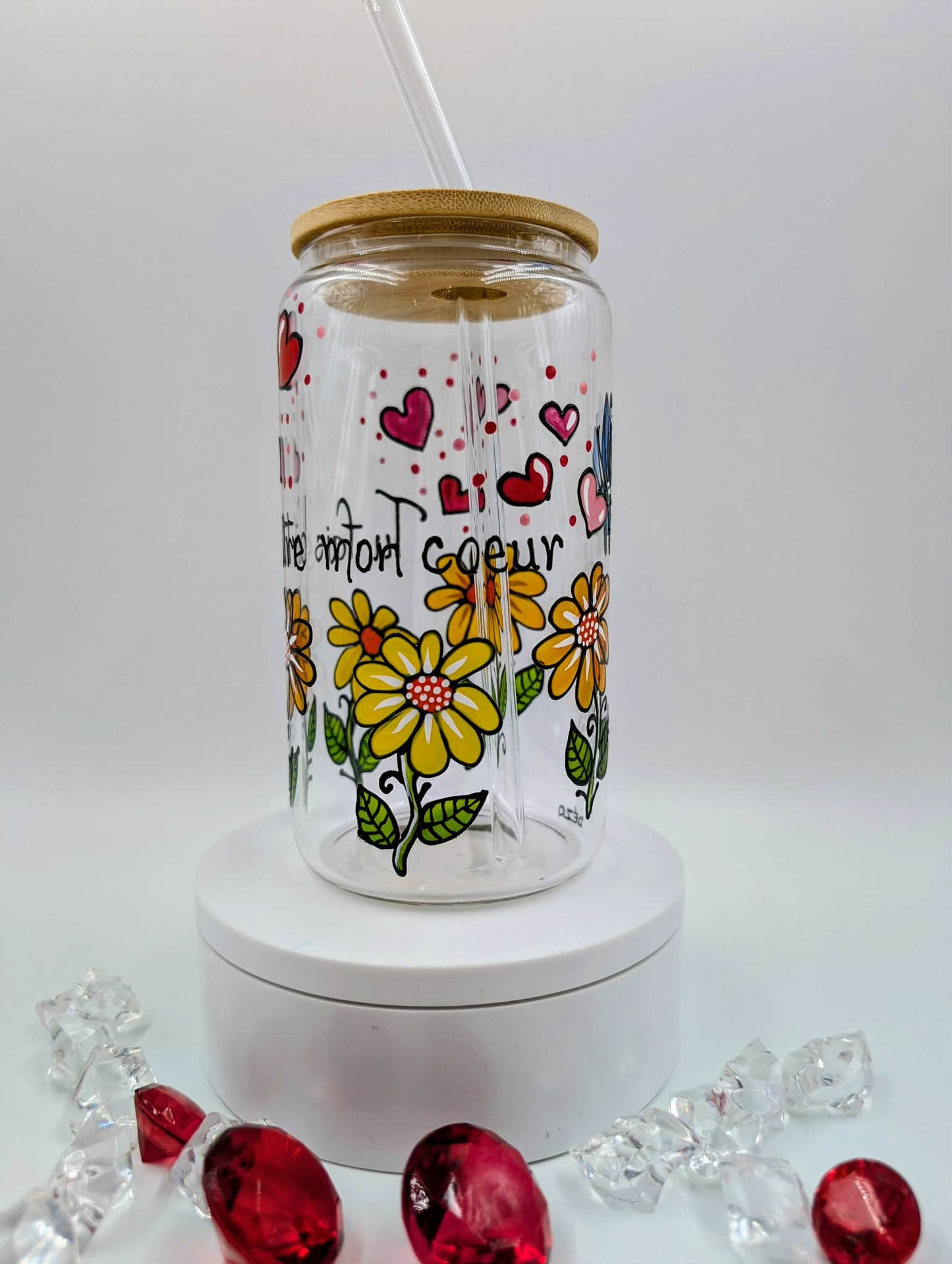 Verre canette Tu fais battre mon coeur  - fleurs, coeurs, papillon * 16 onces * cadeau St-Valentin