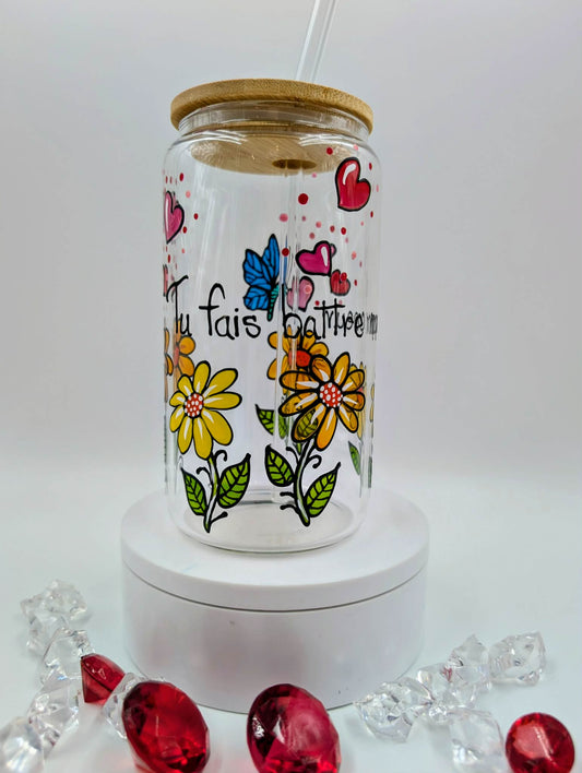 Verre canette Tu fais battre mon coeur  - fleurs, coeurs, papillon * 16 onces * cadeau St-Valentin