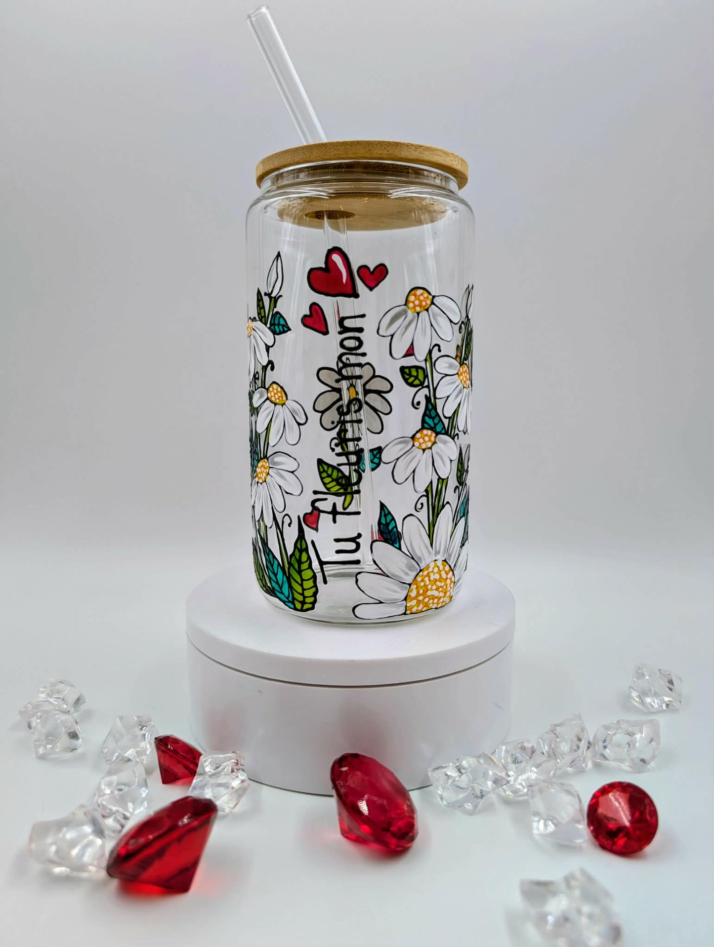 Verre canette Tu fleuris mon coeur - marguerites blanches * 16 onces * cadeau St-Valentin