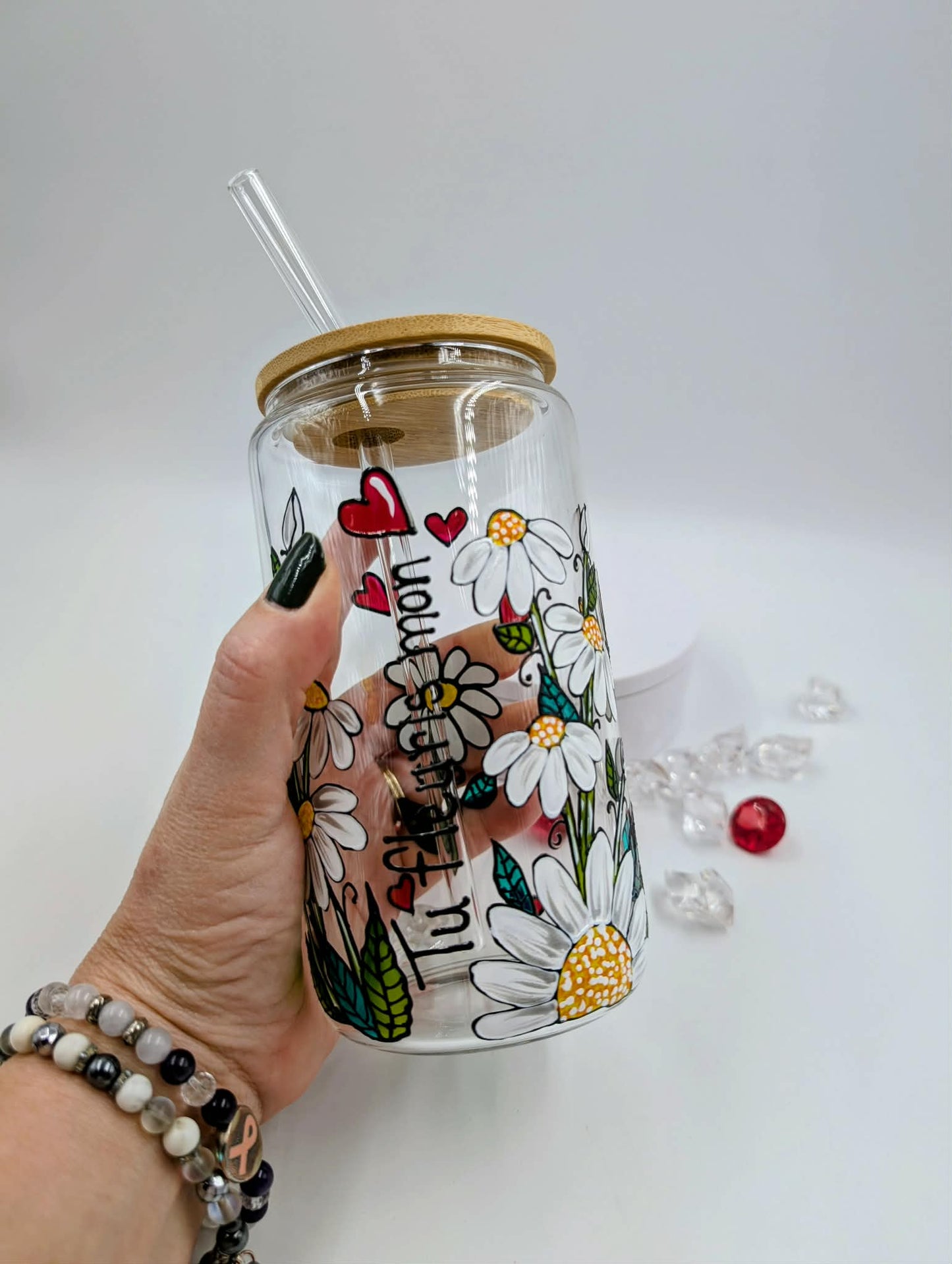 Verre canette Tu fleuris mon coeur - marguerites blanches * 16 onces * cadeau St-Valentin