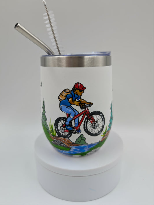 Gobelet isotherme vélo de montagne rouge cycliste chandail bleu, cadeau cycliste, 12 onces (355ml)