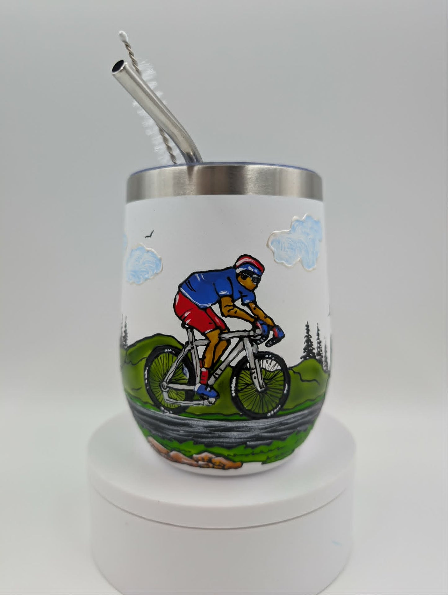 Gobelet isotherme vélo de route gris chandail turquoise, cadeau cycliste, 12 onces (355ml)