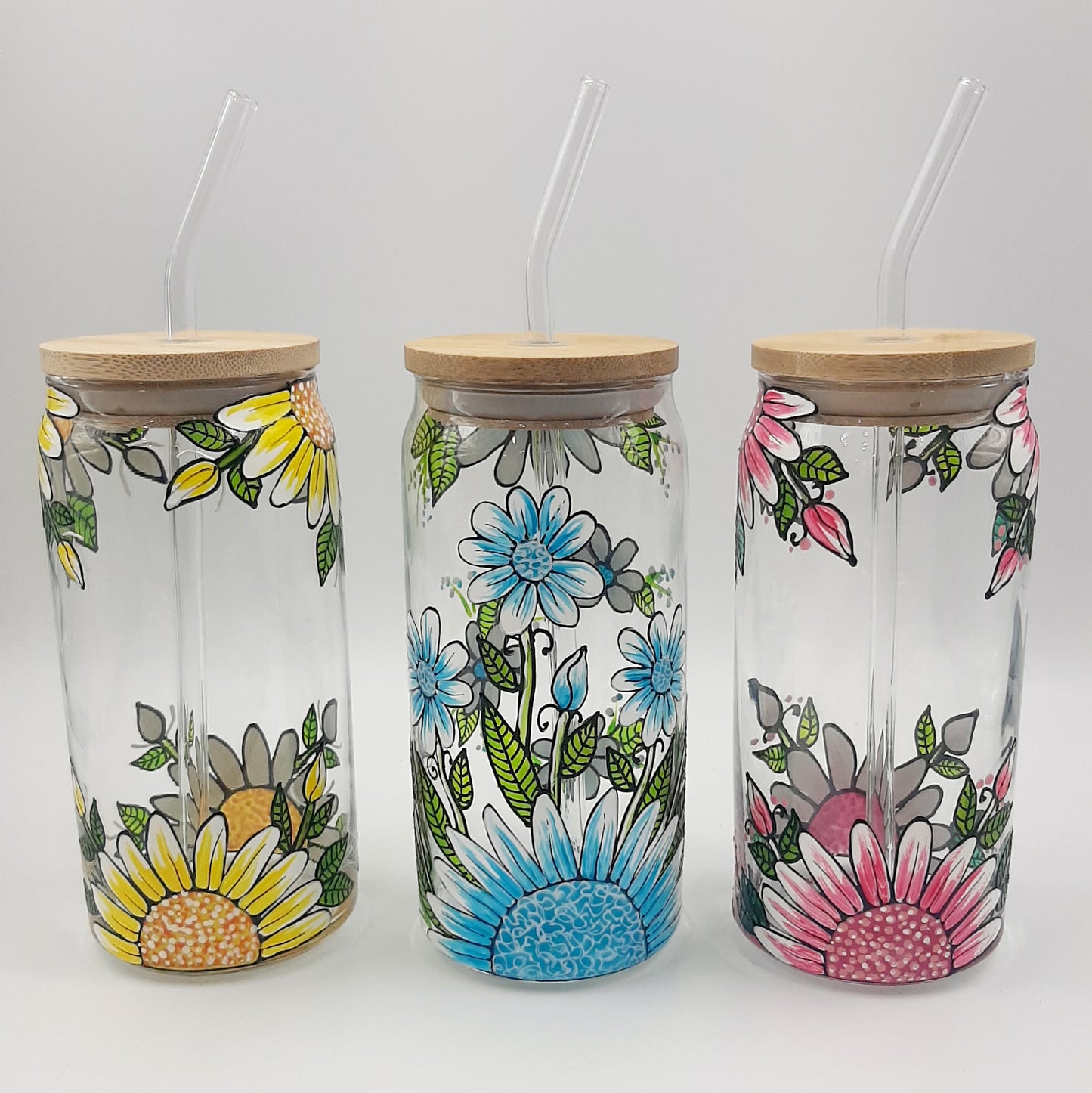 Verre canette marguerites en couleurs, choisissez parmi 3 choix de couleur, verre 16 oz (473ml) avec couvercle et paille