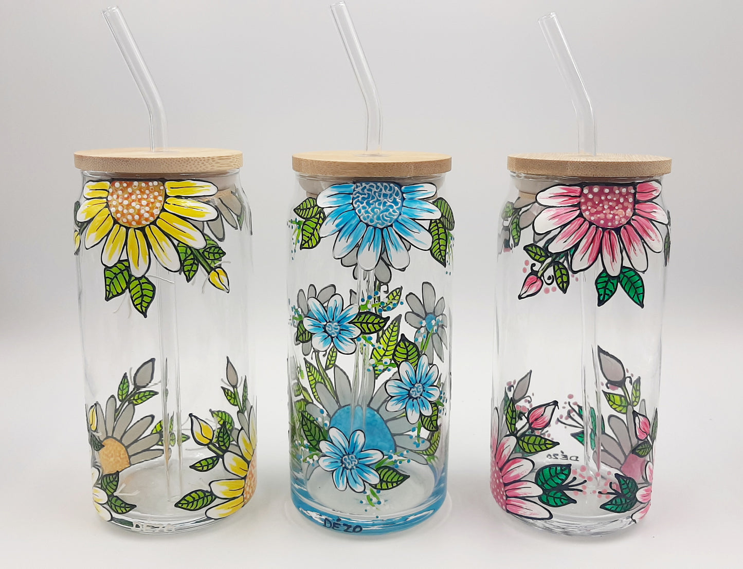 Verre canette marguerites en couleurs, choisissez parmi 3 choix de couleur, verre 16 oz (473ml) avec couvercle et paille